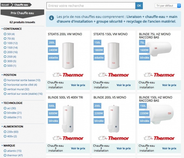 Un catalogue en ligne vous permettra de trouvez votre chauffe eau par caractéristiques 